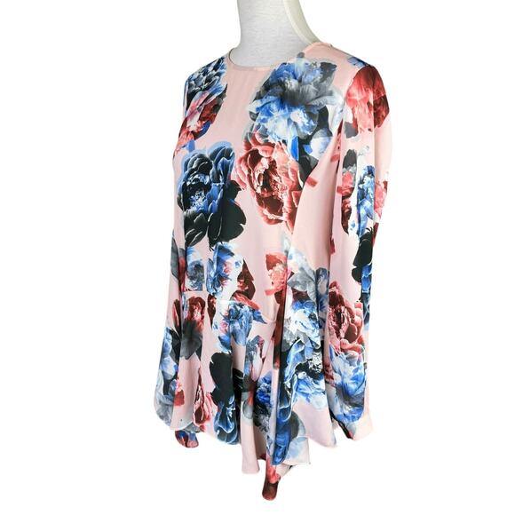 CeCe Pink Peony Floral Print Long Sleeve Peplum Chiffon Tunic Blouse - Picture 3 of 10